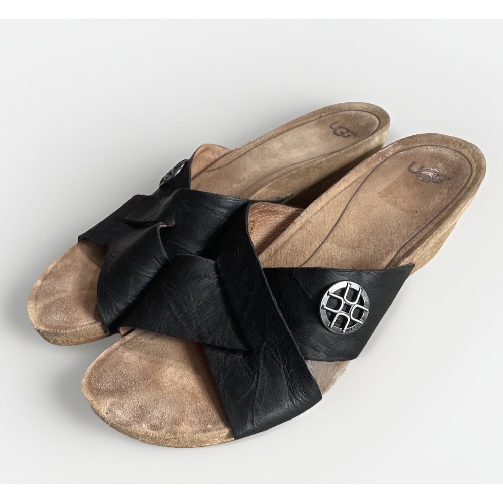 UGG Sandals Womens Cork Thong Heel Wedge Black Leather Open Toe 8 39